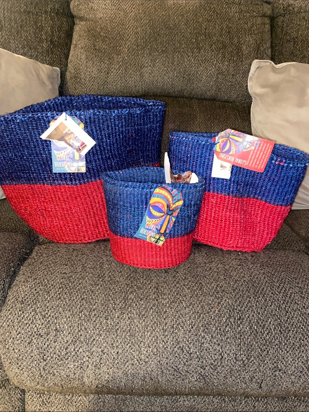 Handwoven Sisal Blue and Red Decorative Storage Baskets - Set of 3